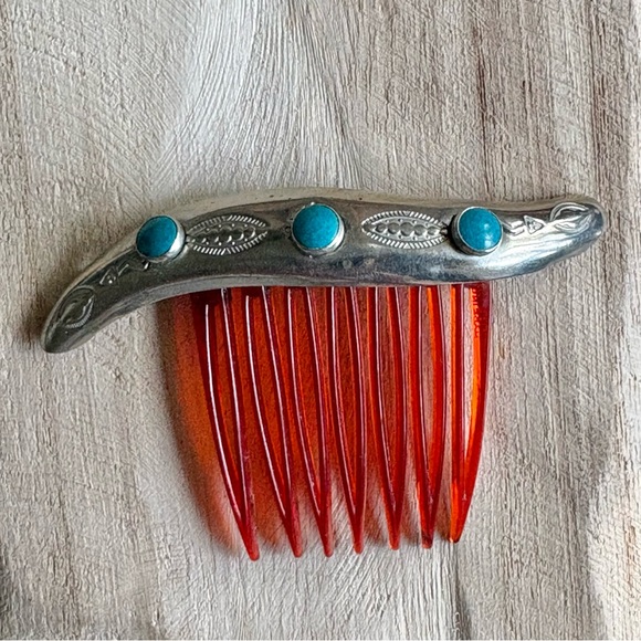 Navajo Accessories - Vintage Navajo Sterling Silver & Turquoise Hair Comb